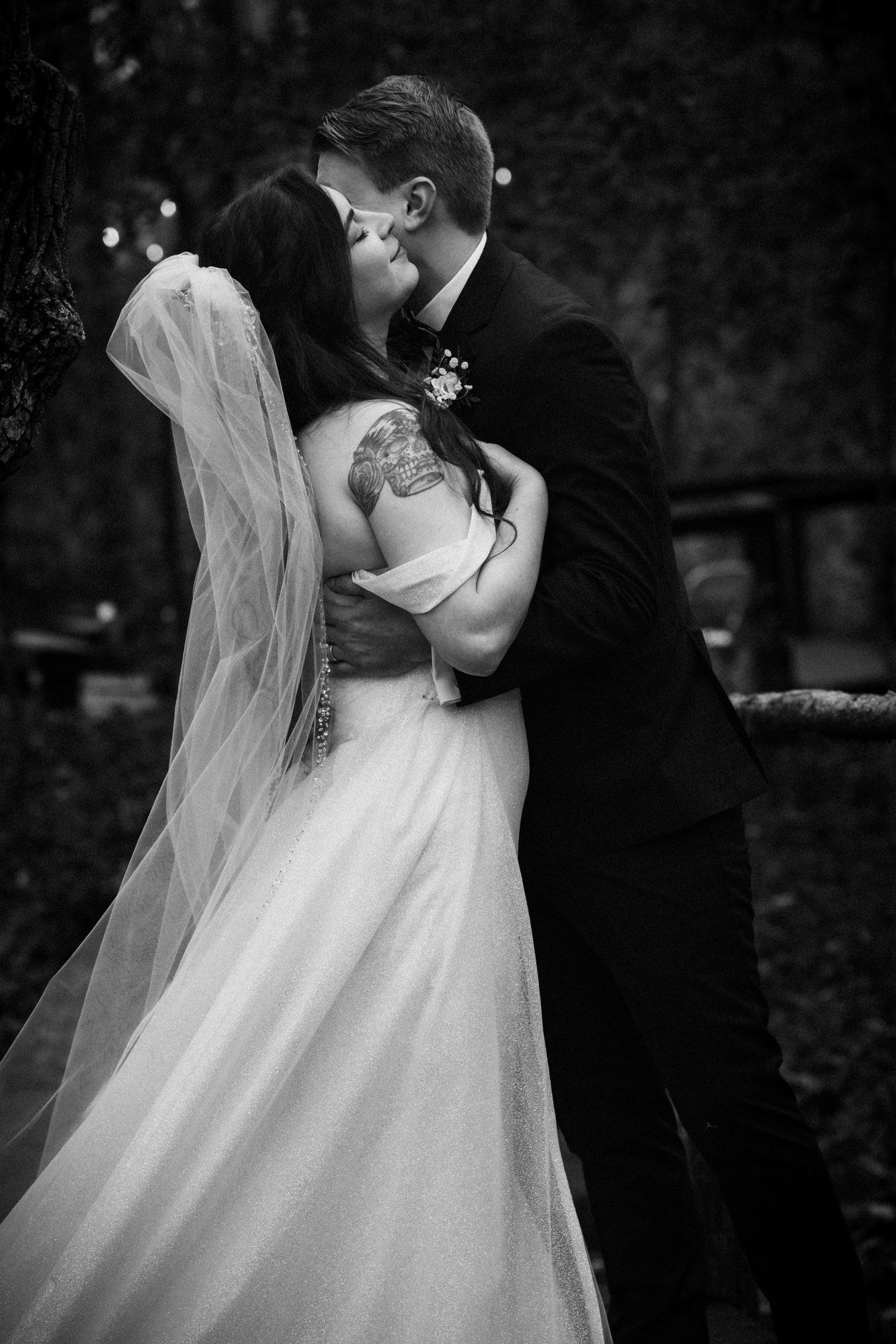 Wedding embrace detail, black and white