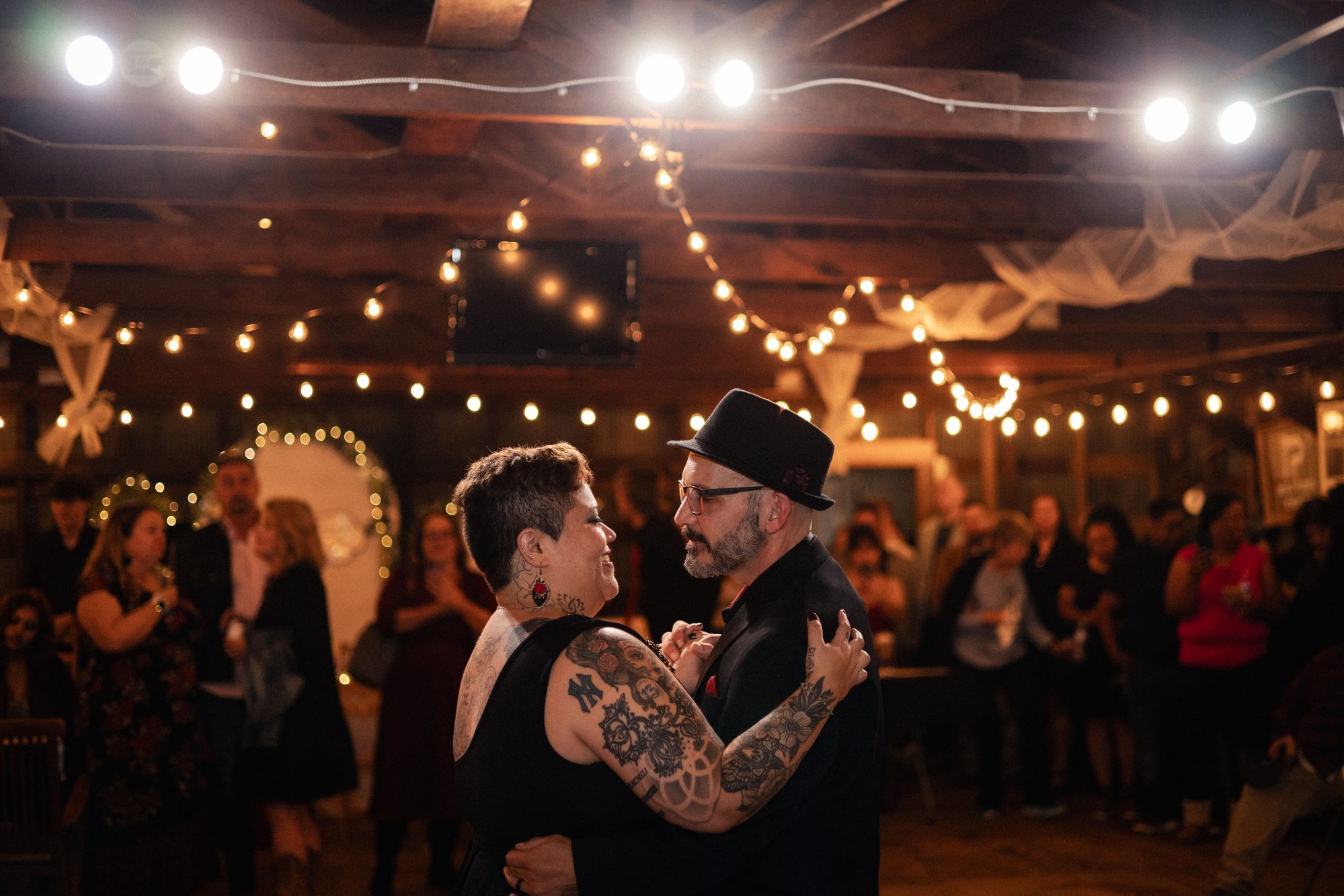 Reception dance under string lights