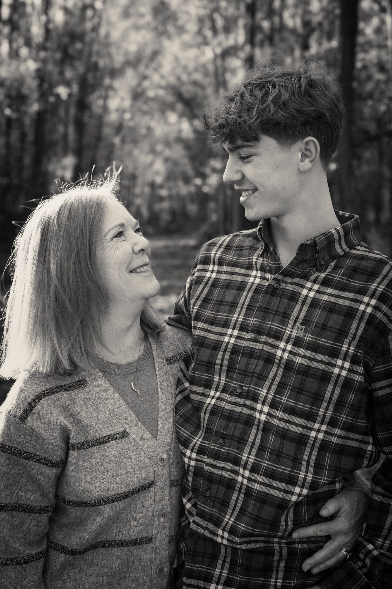 Grandmother and grandson portrait, black and white